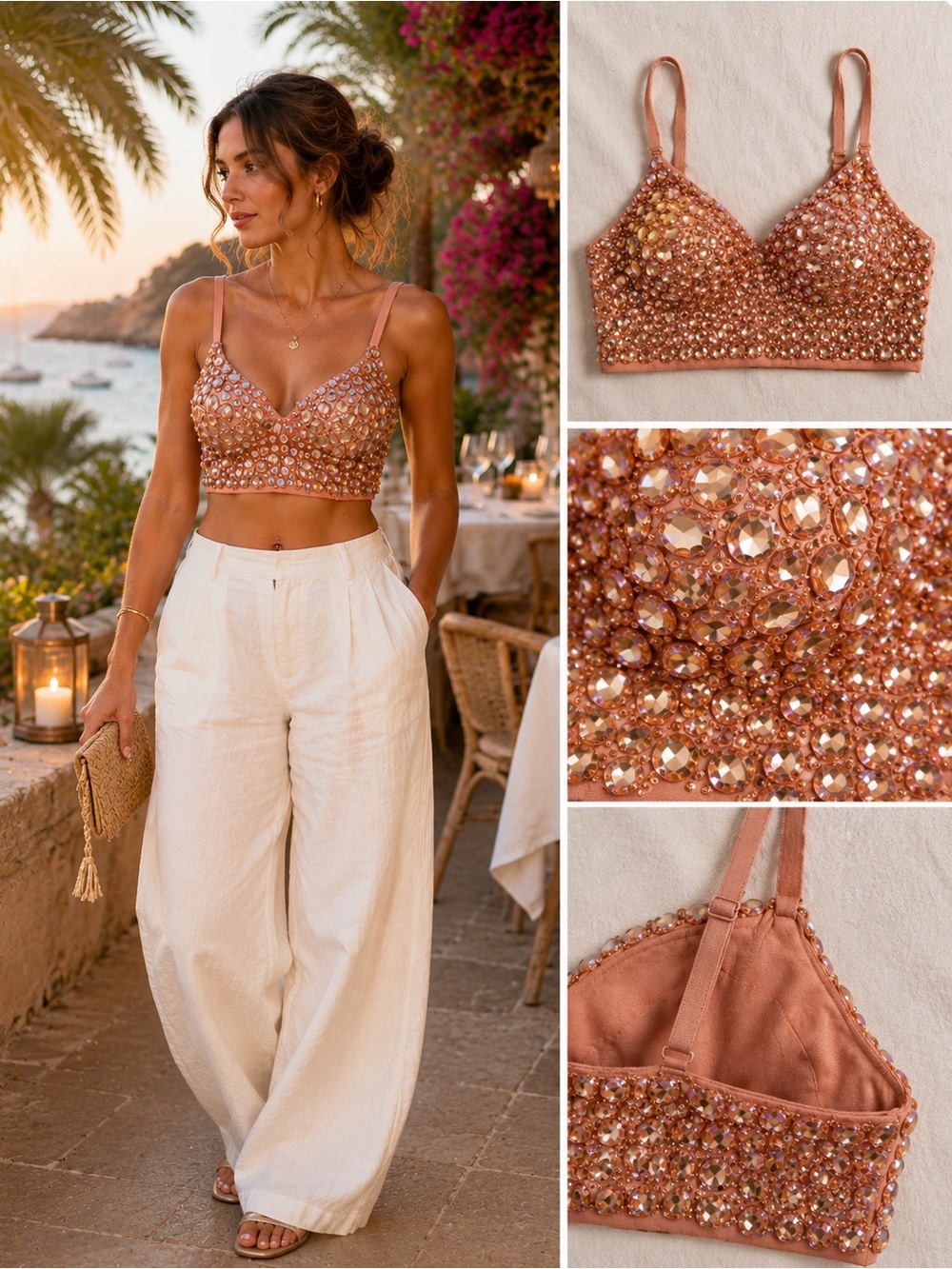 Crystal Rhinestone Bralette Crop Top Small 36B Push Up Pink Party Glam